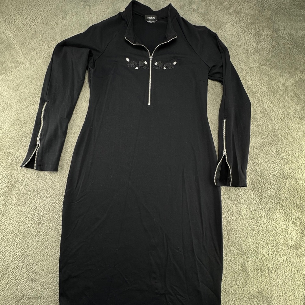 Bebe Bodycon Dress Womens XL Black Excellent Floral Zip Neck Long Sleeve Midi - Picture 2 of 11